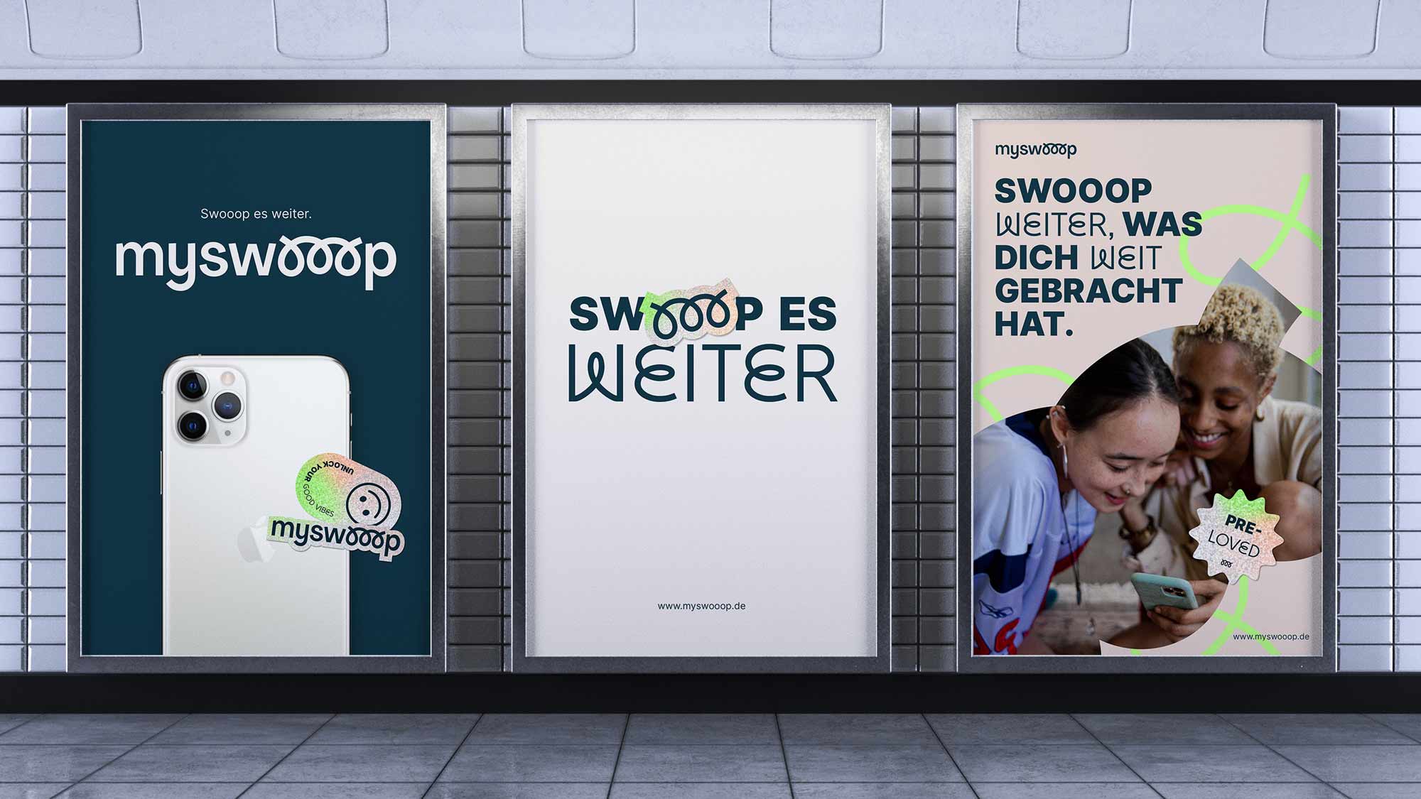 myswooop subway billboard triptych — three brand posters in a Berlin underground station